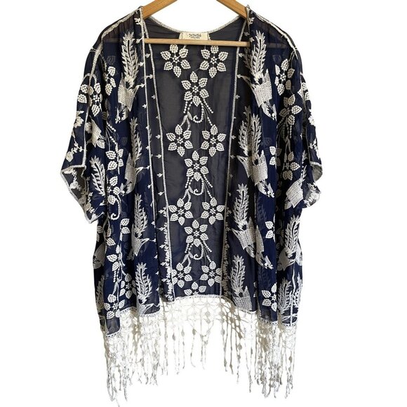Ya Ya Club Navy Blue Cream Embroidered Floral Kimono Wrap Fringe Semi Sheer Size - Picture 1 of 8